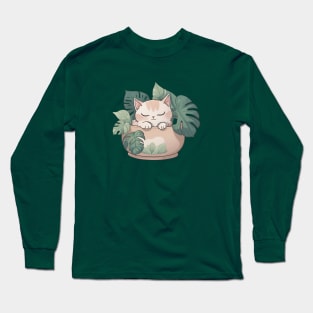 Cute Sleeping Kawaii Cat in Plant Pot Long Sleeve T-Shirt